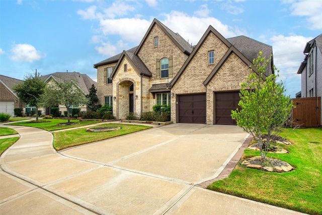 view of front of home with a front yard and a garage