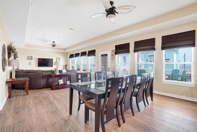 dining room featuring light wood-type flooring, a raised ceiling, a wealth of natural light, and ceiling fan