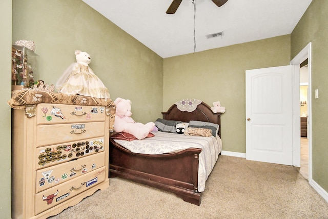 bedroom with light colored carpet and ceiling fan