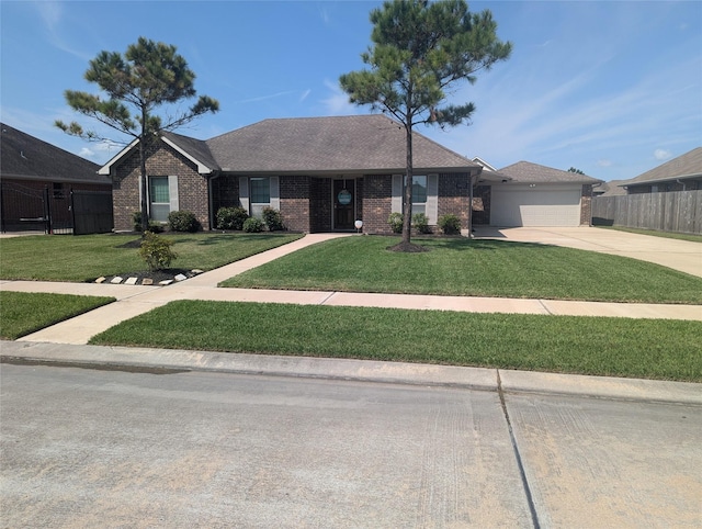 ranch-style home with a front lawn and a garage