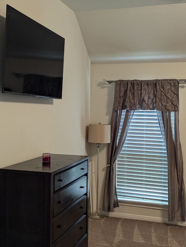 bedroom featuring carpet flooring and vaulted ceiling