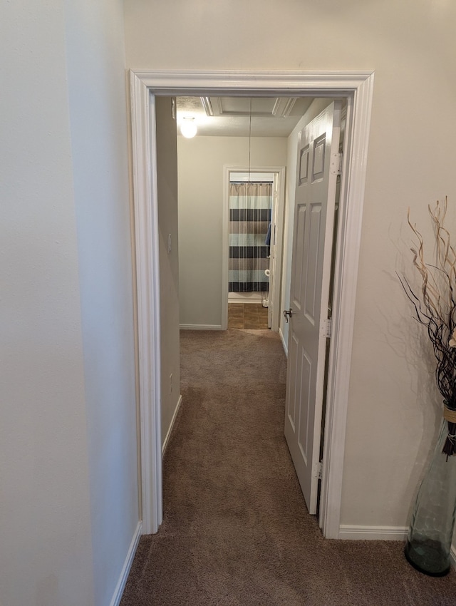 hall featuring dark colored carpet