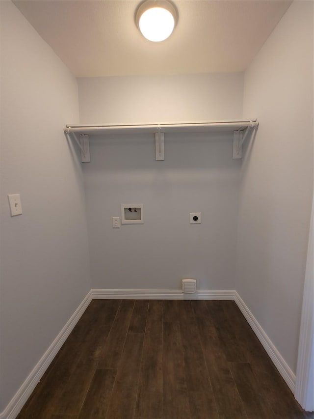 laundry area with laundry area, hookup for a washing machine, electric dryer hookup, dark wood-style flooring, and baseboards