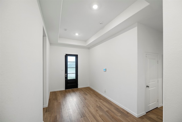 entrance foyer featuring a tray ceiling and wood-type flooring