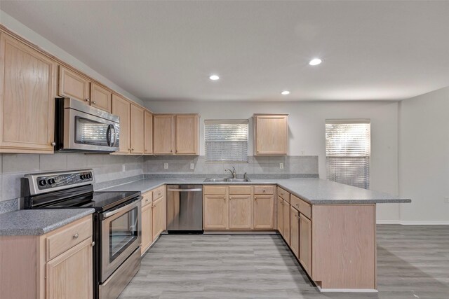 770 Hunt Rd Unit 212, Baytown, TX 77521 - kitchen with a sink, a healthy amount of sunlight, stainless steel appliances, light brown cabinetry, and a peninsula