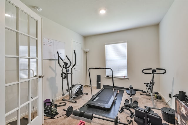 workout area with carpet flooring