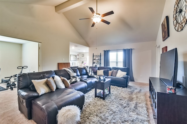 carpeted living room featuring high vaulted ceiling, ceiling fan, and beamed ceiling