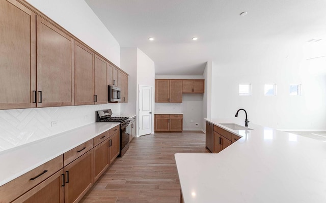 kitchen featuring stainless steel appliances, tasteful backsplash, sink, and light wood-type flooring