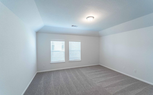 carpeted empty room with lofted ceiling and a textured ceiling