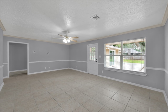 unfurnished room featuring crown molding, a textured ceiling, light tile patterned floors, and ceiling fan