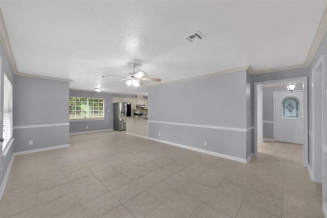 unfurnished living room with a textured ceiling, ceiling fan, ornamental molding, and light tile patterned flooring