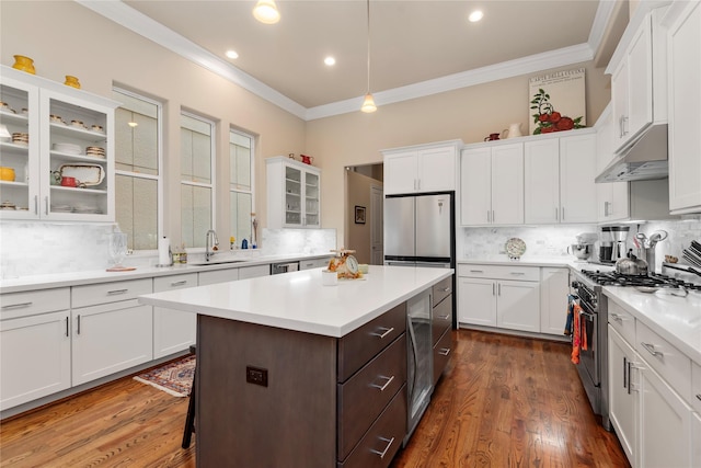 kitchen with crown molding, appliances with stainless steel finishes, white cabinets, and under cabinet range hood
