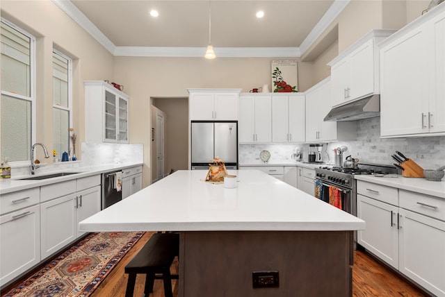 kitchen featuring a kitchen breakfast bar, ornamental molding, under cabinet range hood, a sink, and stainless steel appliances