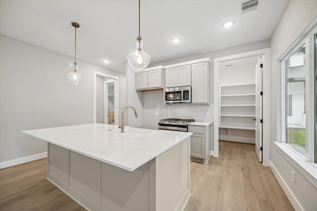 kitchen with appliances with stainless steel finishes, sink, hanging light fixtures, a center island with sink, and light wood-type flooring