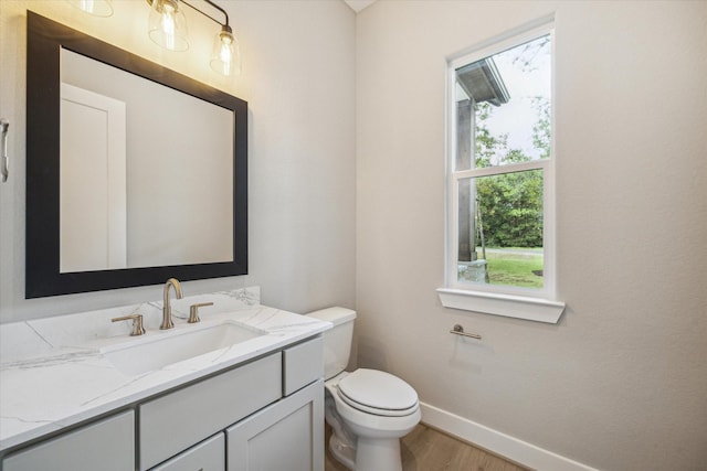 bathroom with vanity, hardwood / wood-style floors, and toilet