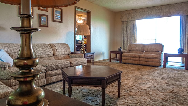 carpeted living room featuring a textured ceiling