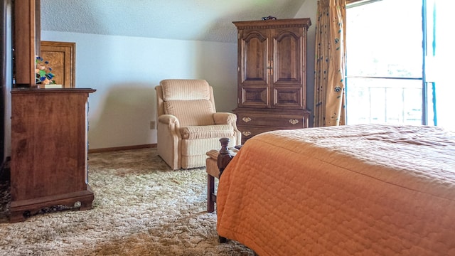 bedroom with vaulted ceiling, a textured ceiling, multiple windows, and light colored carpet