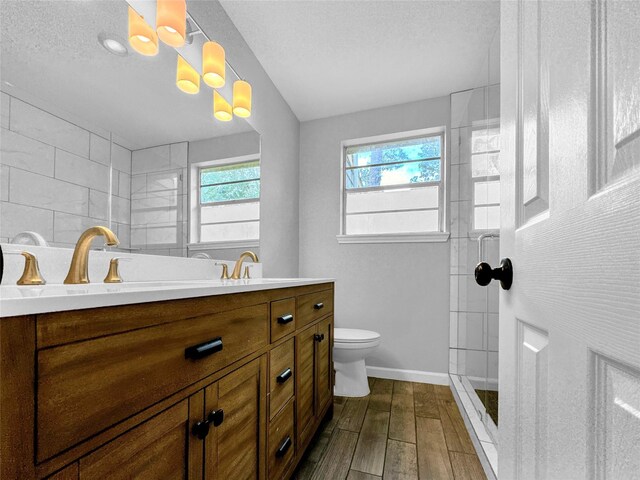 bathroom featuring wood-type flooring, toilet, plenty of natural light, and vanity