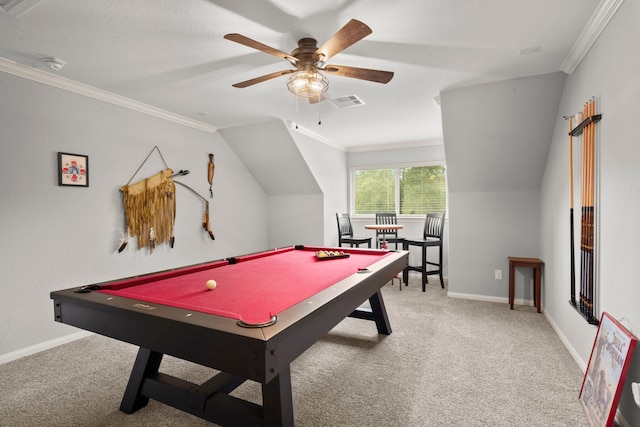 game room featuring ceiling fan, billiards, crown molding, and carpet flooring