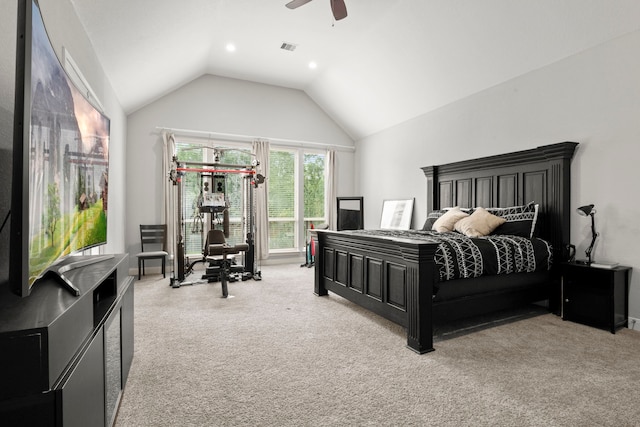 bedroom with high vaulted ceiling, light colored carpet, and ceiling fan