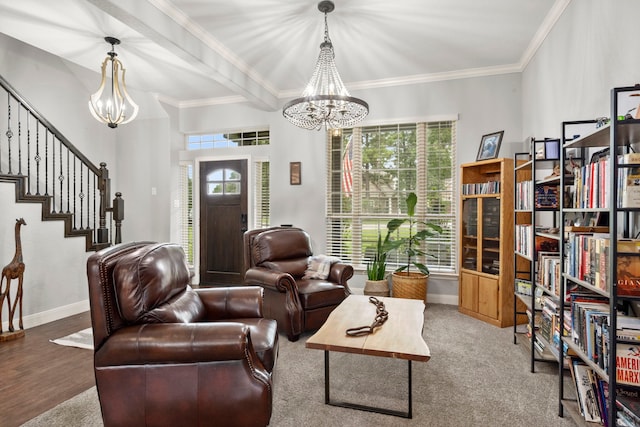 living room with an inviting chandelier, a wealth of natural light, beamed ceiling, and ornamental molding