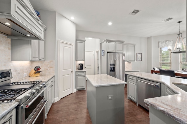 kitchen with gray cabinets, dark hardwood / wood-style floors, high end appliances, custom range hood, and a kitchen island