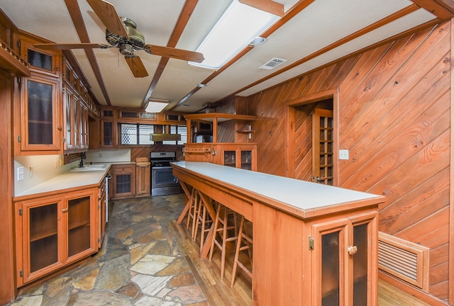 kitchen with wood walls, ceiling fan, stainless steel range, and sink