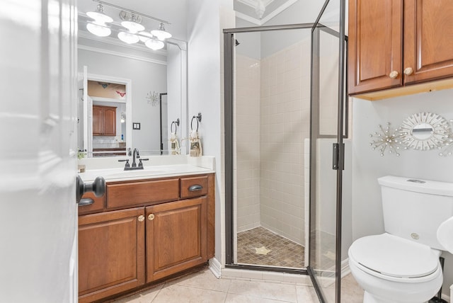 bathroom with vanity, a shower with shower door, ornamental molding, and toilet