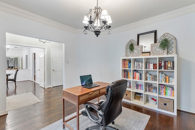 office area with dark hardwood / wood-style flooring, crown molding, and a chandelier