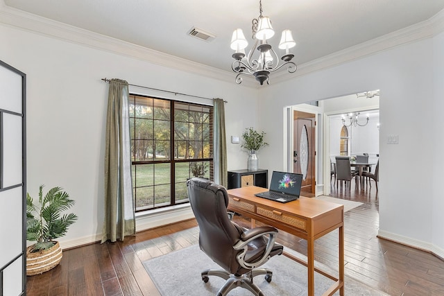 office space featuring dark hardwood / wood-style flooring, ornamental molding, and a chandelier