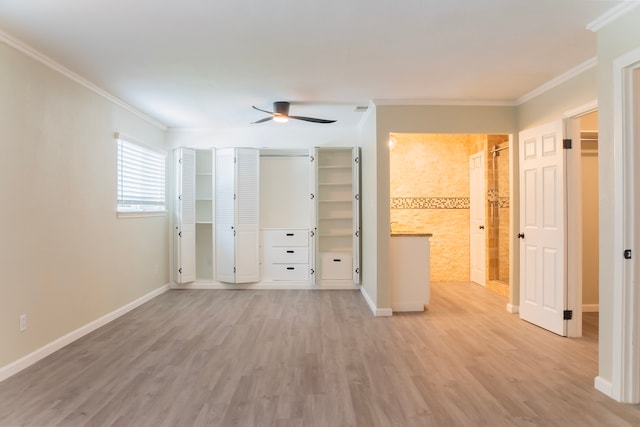 unfurnished bedroom featuring light wood-type flooring, ceiling fan, and ornamental molding