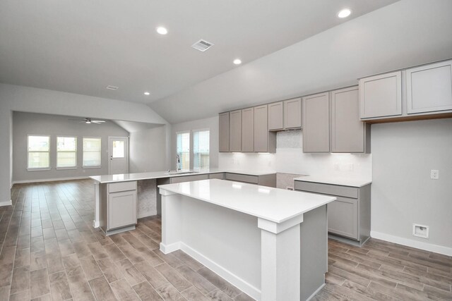 19722 Vino Vale Dr, Hockley, TX 77447 - kitchen featuring light wood-style flooring, gray cabinetry, a peninsula, baseboards, and vaulted ceiling