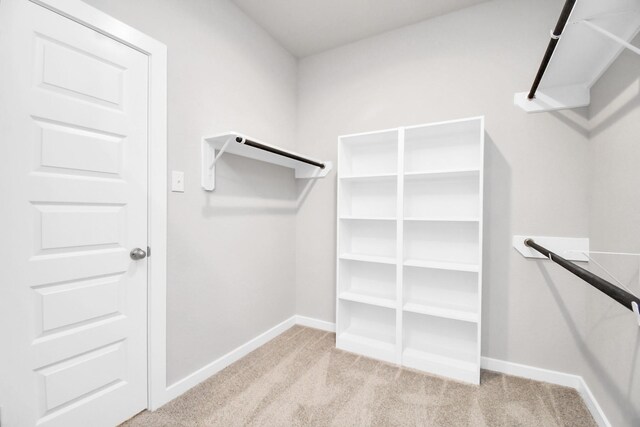 walk in closet featuring light colored carpet