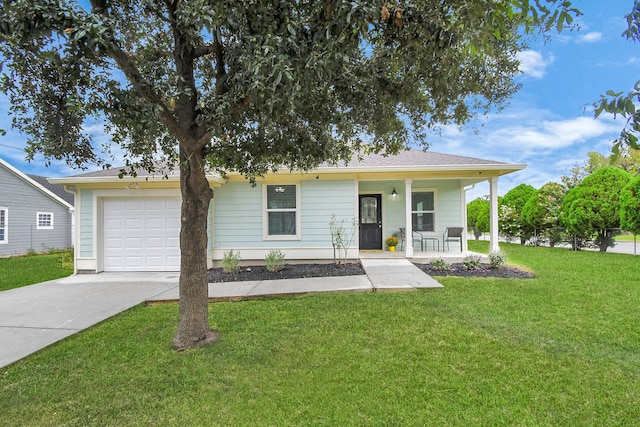 view of front of house with a garage, a porch, and a front lawn