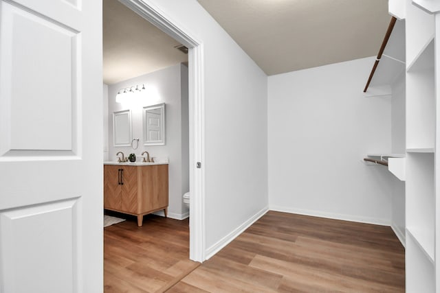 walk in closet with light hardwood / wood-style floors