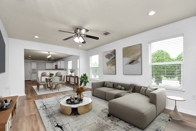 living room featuring a healthy amount of sunlight, hardwood / wood-style floors, and ceiling fan