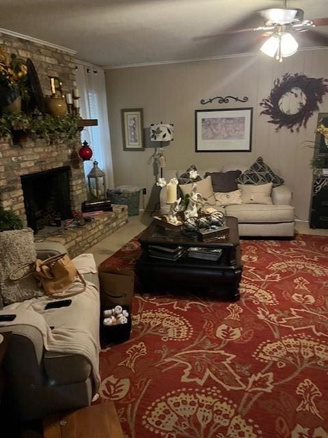 1702-1704 Southline St Unit 170, Cleveland, TX 77327 - living area with a ceiling fan, a brick fireplace, and ornamental molding