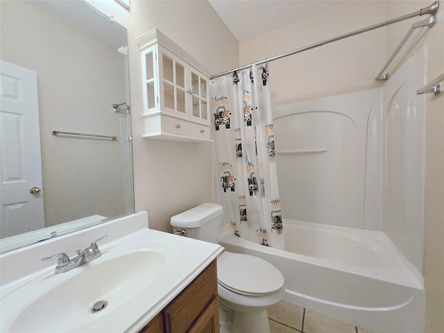 full bathroom with vanity, shower / tub combo, toilet, and tile patterned flooring