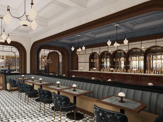 bar with crown molding and coffered ceiling