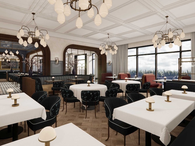 dining area featuring parquet flooring, coffered ceiling, and a chandelier