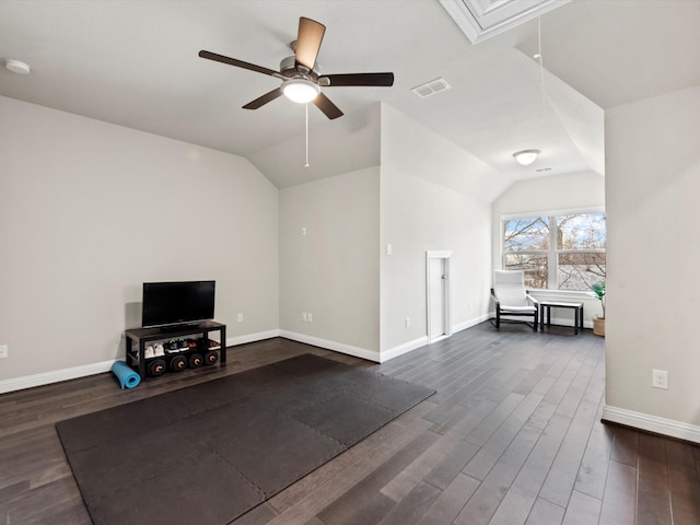 interior space with ceiling fan, lofted ceiling, and dark hardwood / wood-style floors