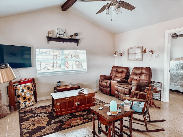 living room featuring light tile patterned floors, vaulted ceiling with beams, and ceiling fan