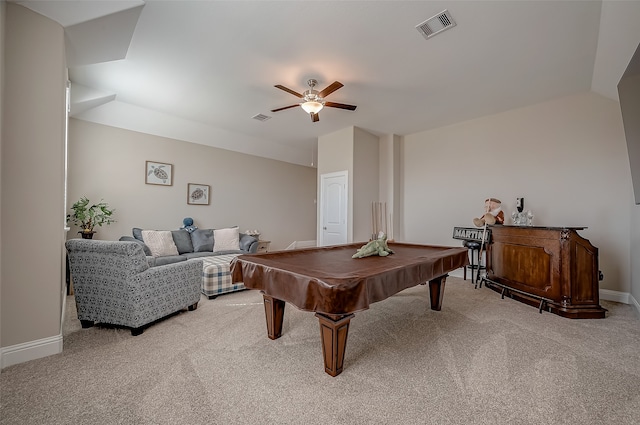 recreation room featuring ceiling fan, light colored carpet, and pool table