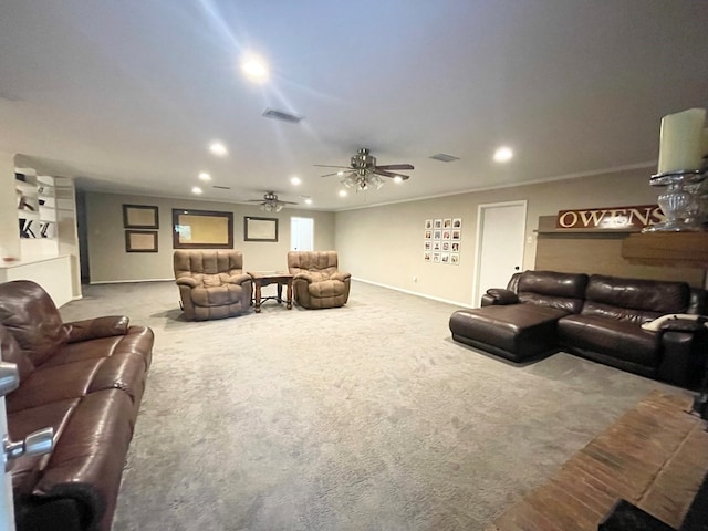 living room with ceiling fan, light colored carpet, and ornamental molding