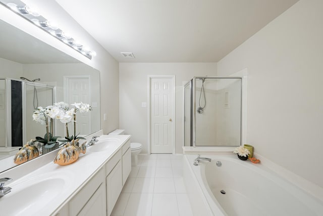 full bathroom featuring separate shower and tub, tile patterned flooring, vanity, and toilet