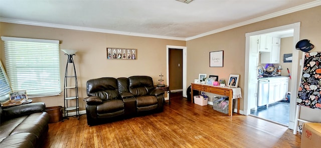 living room with a wealth of natural light, crown molding, and hardwood / wood-style flooring