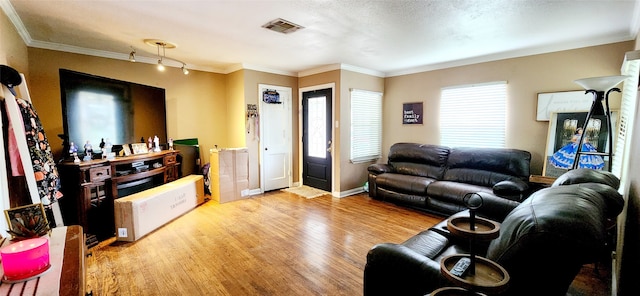 living room featuring crown molding, a textured ceiling, and light hardwood / wood-style flooring