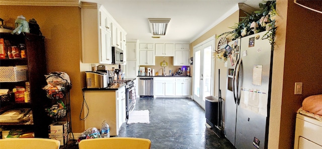 kitchen with white cabinets, stainless steel appliances, sink, and ornamental molding