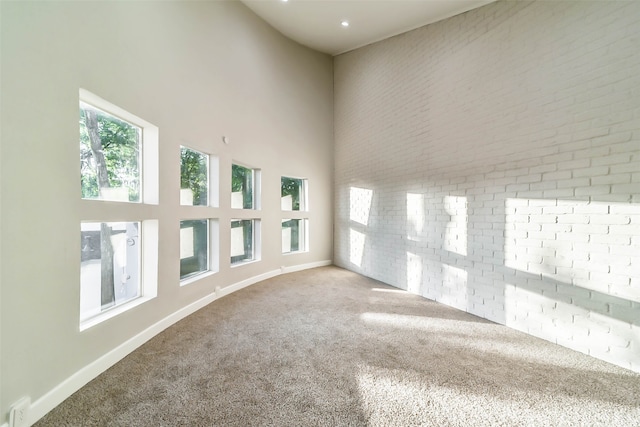 carpeted spare room featuring a towering ceiling