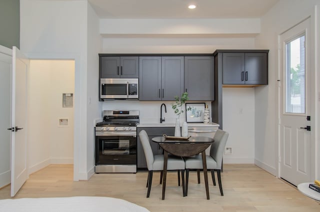 kitchen with light wood-type flooring and appliances with stainless steel finishes